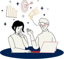 an illustration of two people sitting at a table with a laptop