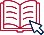 An open book with stylized lines on the pages, next to a cursor arrow pointing at the right page