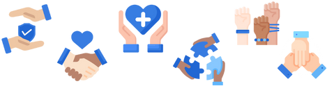 icons showing hands holding a heart; hands shaking; hands putting together a puzzle; hands embracing