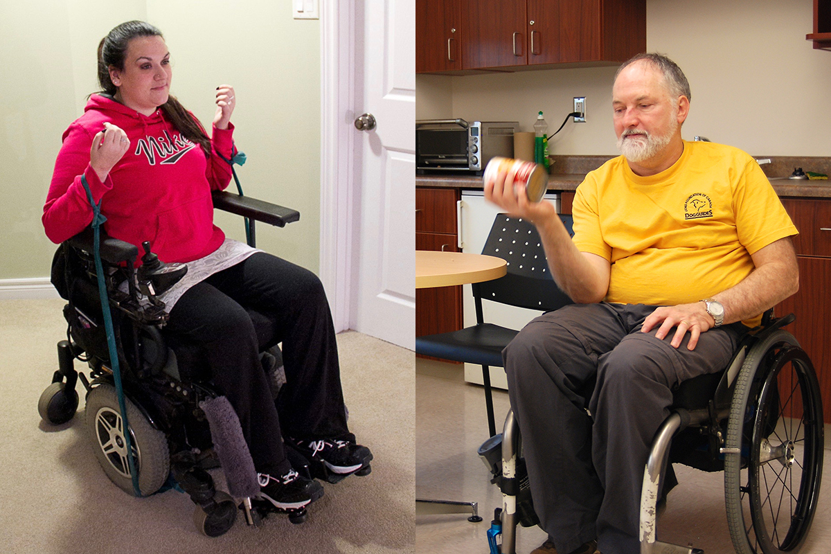 Two individuals who use wheelchairs performing physical exercises
