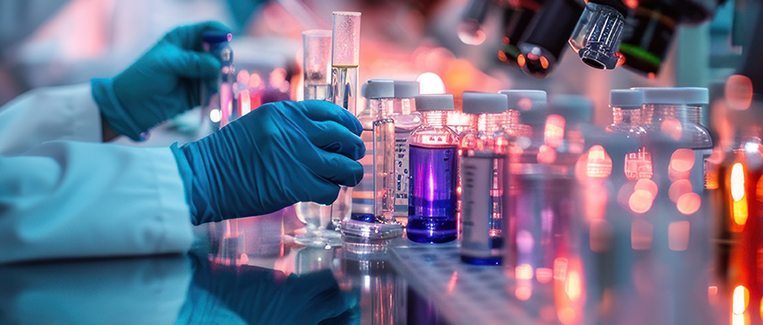 A team of scientists developing a new cancer treatment using biotechnology, with lab equipment, vials, and data charts spread out on the workbench.