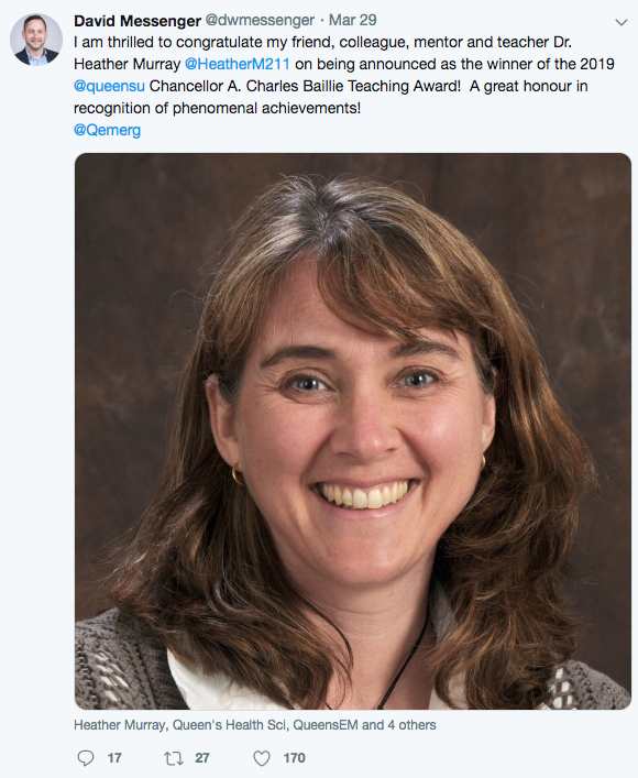 Dr. David Messenger's congratulatory tweet to Dr. Heather Murray