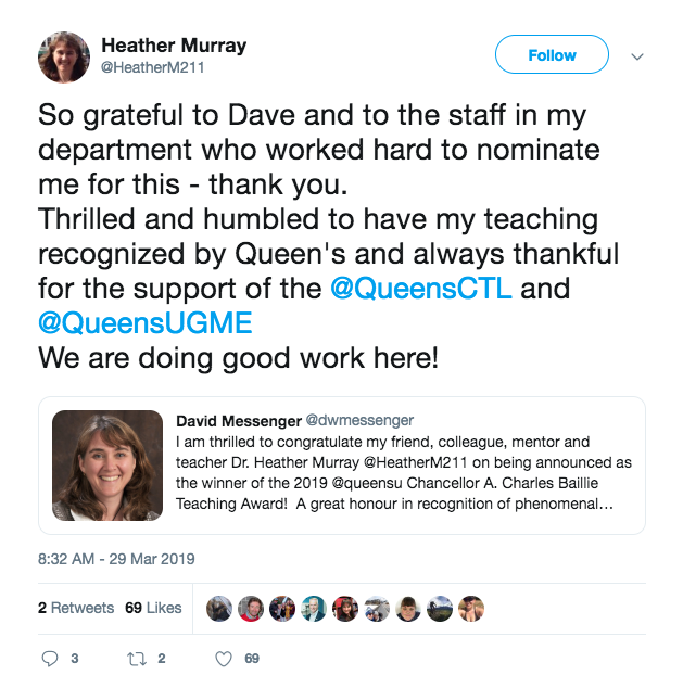 Dr. Heather Murray tweets about her gratitude for the award.