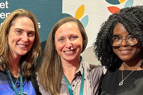 Canada Research Chair Heather Aldersey (far left) with two Queen’s University School of Rehabilitation Therapy colleagues, Nicole Bobbette (centre) and Afolasade Fakolade (far right), at the Canadian Caregiving Summit, hosted by the Canadian Centre for Caregiving Excellence, in Ottawa, in November 2023.
