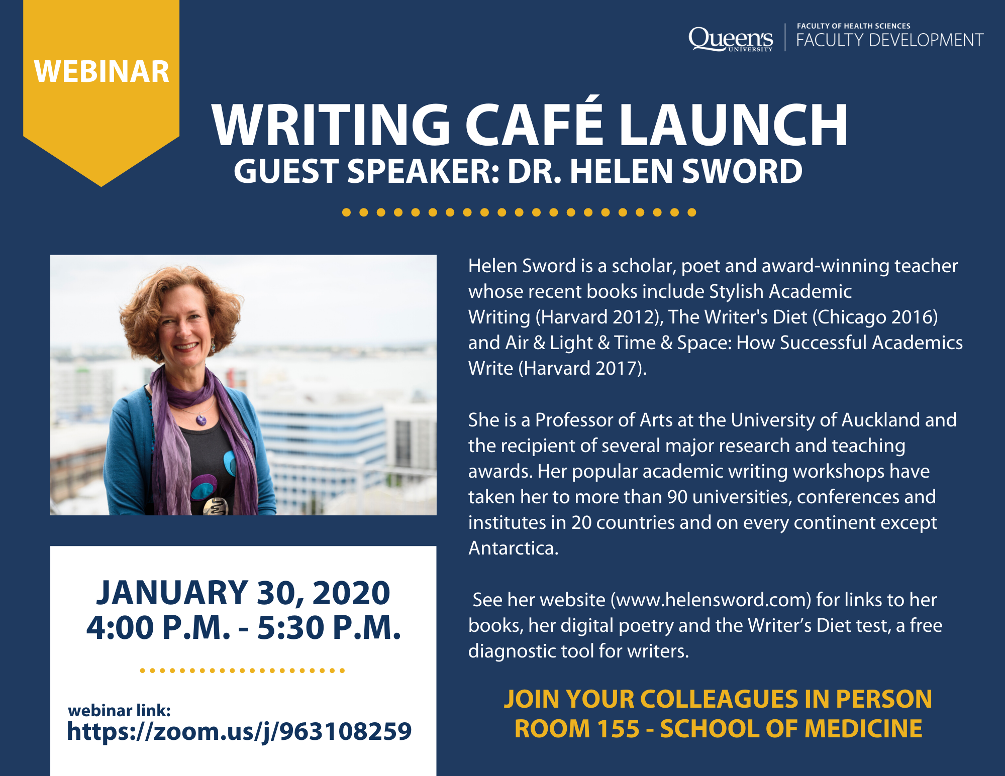 Helen Sword is a scholar, poet and award-winning teacher whose recent books include Stylish Academic Writing (Harvard 2012), The Writer's Diet (Chicago 2016) and Air & Light & Time & Space: How Successful Academics Write (Harvard 2017).   She is a Professor of Arts at the University of Auckland and the recipient of several major research and teaching awards. Her popular academic writing workshops have taken her to more than 90 universities, conferences and institutes in 20 countries and on every continent except Antarctica.   See her website (www.helensword.com) for links to her books, her digital poetry and the Writer’s Diet test, a free diagnostic tool for writers.