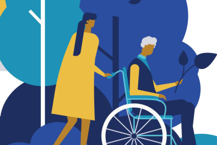 An illustrations of a woman pushing a person in a wheelchair.