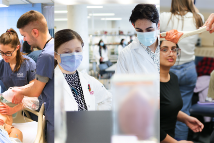 trio of photos showing health sciences students in a lab, working with patients