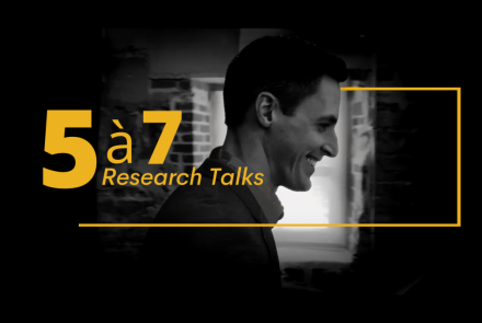 Dr. Daniel Mulder about to go on stage with the 5 à 7 Research Talks text overlay