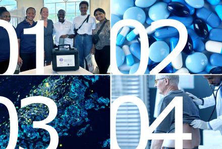 Four-panel banner with images representing health care, medication, microscopy, and patient care, labeled 01 to 04.