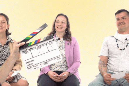 Animated banner showing Dr. Jamaica Cass, Dr. Sarah Funnell, and Nathan Cheechoo smiling and laughing together during a video interview for National Indigenous History Month at Queen’s Health Sciences.