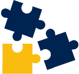 Three puzzle pieces, one yellow and two navy blue, are shown with two of the navy blue pieces about to connect to the yellow piece.
