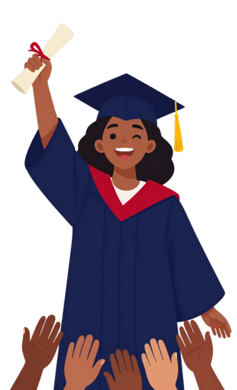 A Black person in a graduation cap and gown holds a diploma in the air while hands reach up from below to congratulate them.