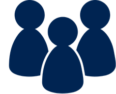 A dark blue icon depicting three simplified human figures in a group.