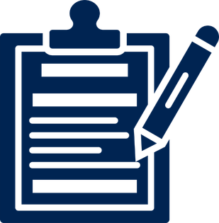 A dark blue icon of a clipboard with a pencil writing on it.