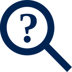 A magnifying glass with a question mark inside the lens, representing a search for answers or information.