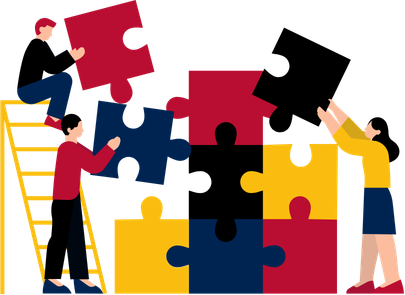 Three people collaborate to assemble a large, colorful puzzle, with one person on a ladder placing a red piece, another holding a blue piece, and a third placing a black piece.