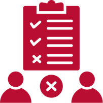 A clipboard with a checklist showing two checkmarks and one cross, with two figures below and a cross in between them.