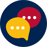 Two overlapping speech bubbles, one yellow and one red, with three white dots inside each with a blue circle background.