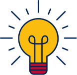 A yellow lightbulb with a dark blue outline and red stripes at the base, emitting rays of light.