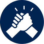 Two hands clasped in a firm handshake on a blue circle background.