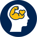 An outline of a head with a flexed bicep and a heart inside on a blue circle background.
