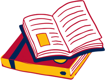 An open book with red lines and a yellow square rests on top of a closed book with red and yellow covers and a blue stripe.