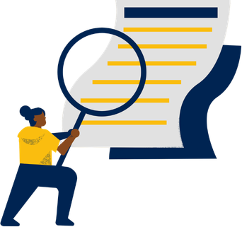 A person holds a magnifying glass over a document with yellow lines.