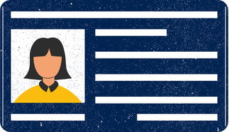 A dark blue identification card with a profile picture of a person wearing a yellow shirt and a black collar.