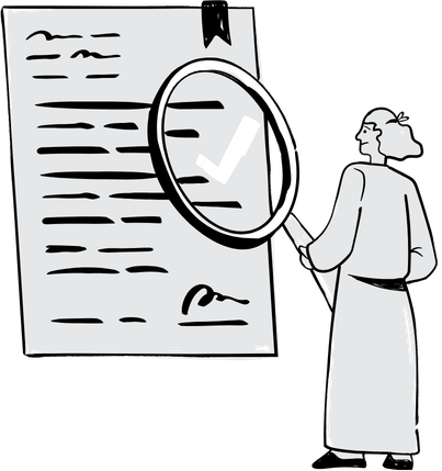 A person examines a document with a magnifying glass, focusing on a checkmark.