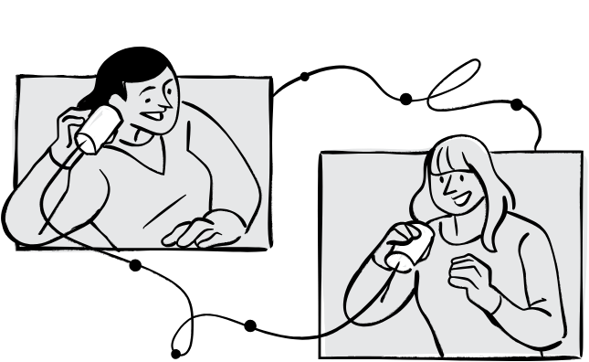 Two people communicating with a string telephone, each holding a cup to their ear and mouth.