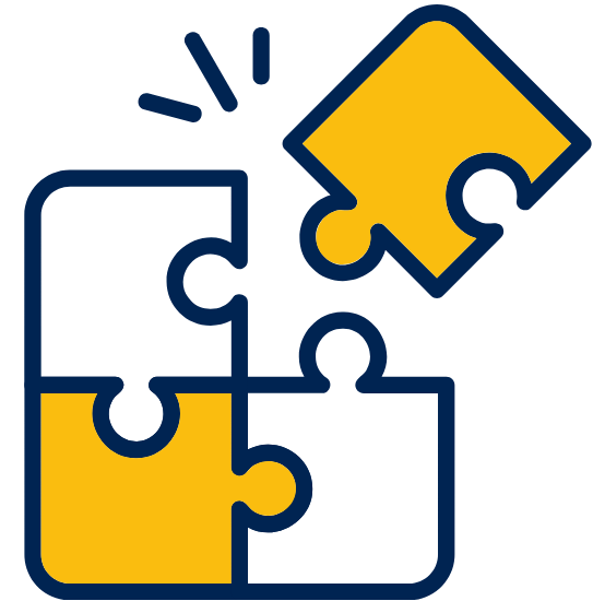 A puzzle icon with three pieces, one yellow and two white, with a yellow piece about to be fitted into the remaining space.