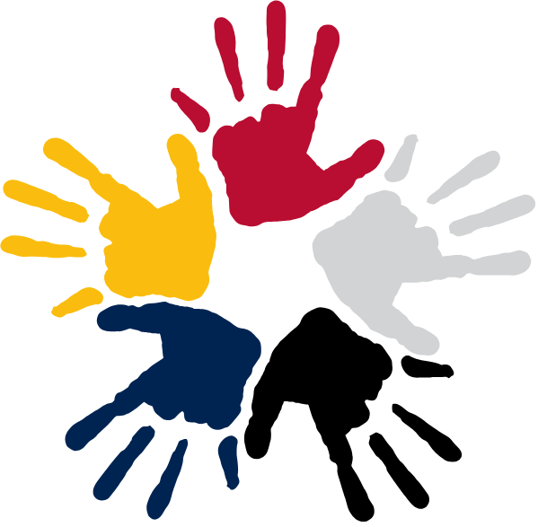 A circular arrangement of five colorful handprints: red, yellow, dark blue, black, and gray.