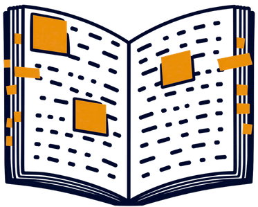 An open book with pages filled with dashed lines and dots, featuring several orange squares as highlights or markers.