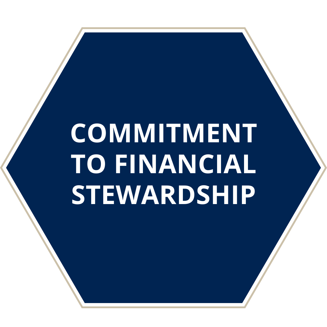 Red hexagon with text Commitment to financial stewardship